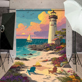 Aperturee - Aperturee Painted Sandy Beach Lighthouse Summer Sweep Backdrop